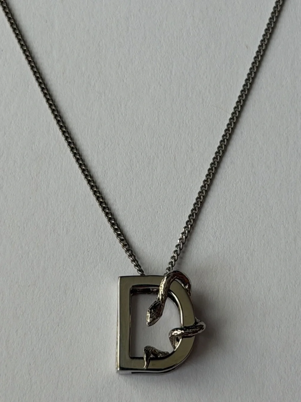 Saint Laurent YSL Sterling Silver D Initial Letter Snake Pendant Chain Necklace